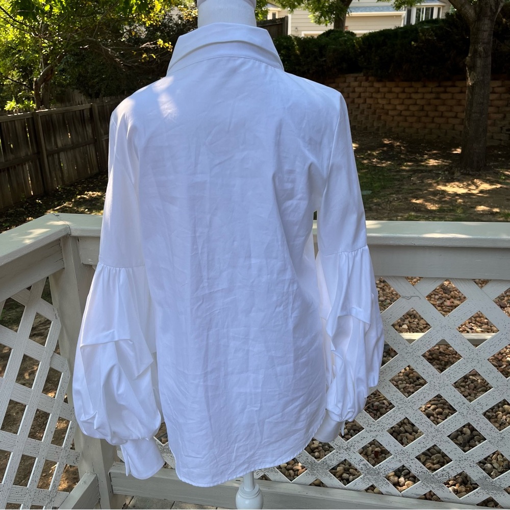 Petersyn White Cotton Medium‎ Blouse Buttons LS Puffy Sleeves Open Neck Collar - Picture 5 of 11
